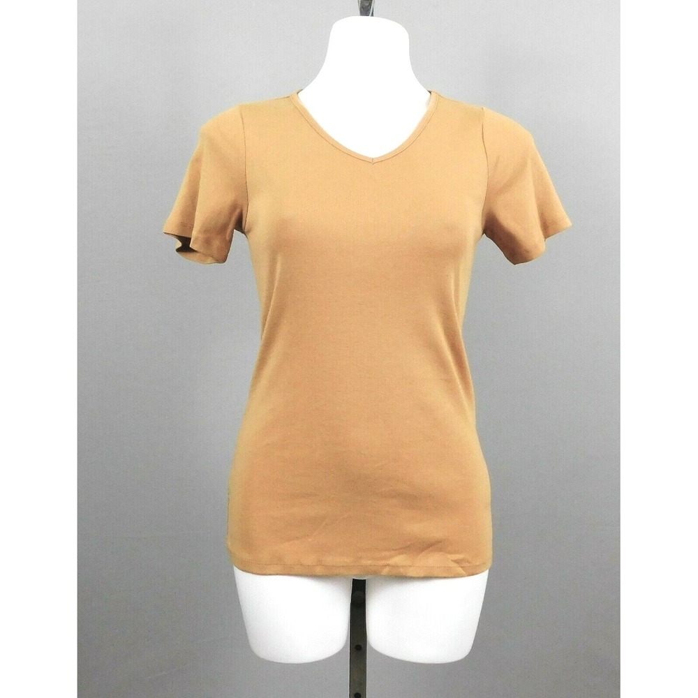 Denim & Co. Modern Fit Short Sleeve V-Neck Top, Camel, Brown, XX-Small